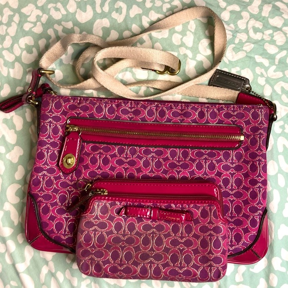 Coach Poppy Signature Sateen Zip Crossbody Bag and Double Zip Wallet - Picture 1 of 14